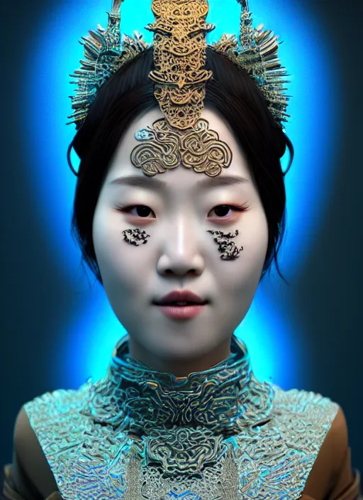 Image similar to 3 d goddess waist shot portrait. beautiful intricate highly detailed korean dokkaebi mask and traditional korean hanbok. elegant stingray, magpie, iridescent, plasma, lava, ice, water, wind, creature, volumetric lighting, twilight, artwork by tooth wu and wlop and beeple and greg rutkowski, 8 k trending on artstation,