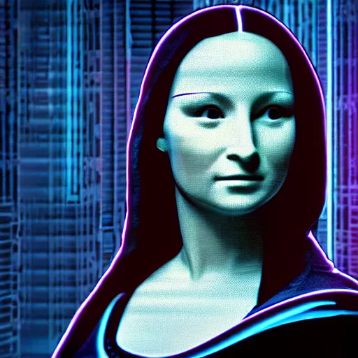 Image similar to cinematic movie still of cybernetic character named Mona Lisa in The Matrix, futuristic eye implant, cyberpunk, XF IQ4, 150MP, 50mm, F1.4, ISO 200, 1/160s, twilight in the city