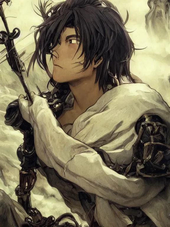 Prompt: close up picture of a saint sword man being tired at war. looking at the camera, cynical, bored, beautiful and aesthetic, intricate, unreal engine, messy hair, highly detailed, detailed face, smooth, sharp focus, chiaroscuro, manga illustration, artgerm, greg rutkowski, alphonse mucha, young adult light novel cover art