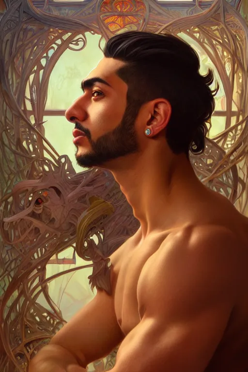 Image similar to clear portrait of a latino attractive men, cottagecore!!, background hyper detailed, character concept, full body, dynamic pose, glowing lights!! intricate, elegant, highly detailed, digital painting, artstation, concept art, smooth, sharp focus, illustration, art by artgerm and greg rutkowski and alphonse mucha