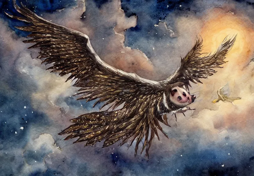 Image similar to the legendary glorious winged possum is flying over a medieval castle under the dark starred sky, dark fantasy, watercolor, dreaming illusion, highly detailed, 4k, trending on Artstation, award-winning