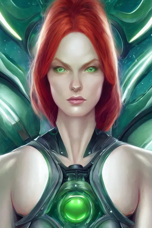 Prompt: Redhead alien human beautiful hybrid feminine woman with stunning green eyes and a roundish nose as a futuristic heroine, gorgeous digital painting, artstation, concept art, smooth, sharp focus, illustration, art by artgerm and donato giancola and Joseph Christian Leyendecker, Ross Tran, WLOP