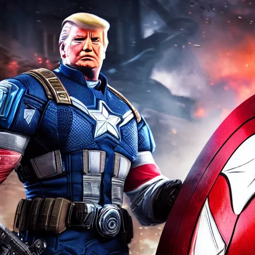 Image similar to Portrait! of President Donald Trump as ((captain america)) in Gears of War, splash art, movie still, cinematic lighting, dramatic, octane render, long lens, shallow depth of field, bokeh, anamorphic lens flare, 8k, hyper detailed, 35mm film grain