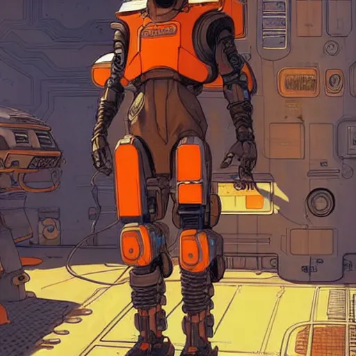 Image similar to hector. cyberpunk mechanic dude with robotic legs. orange and black color scheme. concept art by james gurney and mœbius. apex legends character art