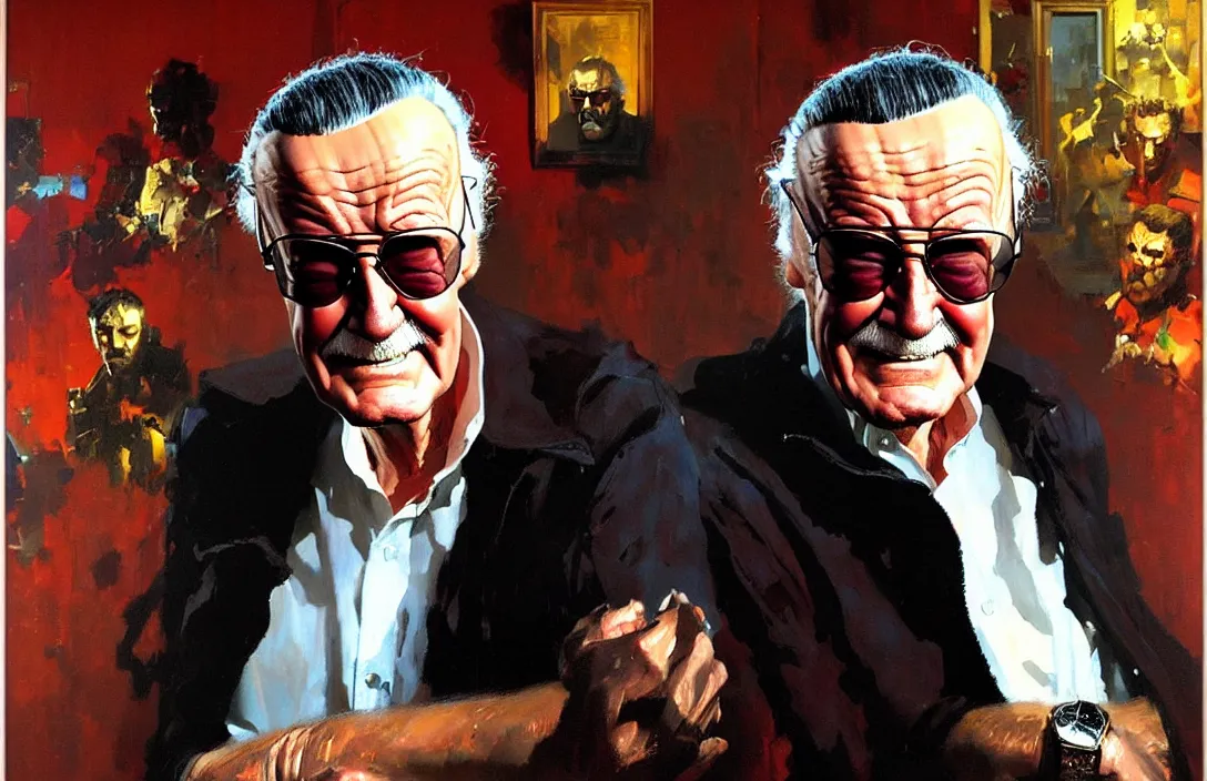 Image similar to portrait of stan lee!!!!!!!!!!!!!!!!!!!!!!!!!!!, detailed face, detailed painting, epic lighting, by ilya repin, phil hale and kent williams