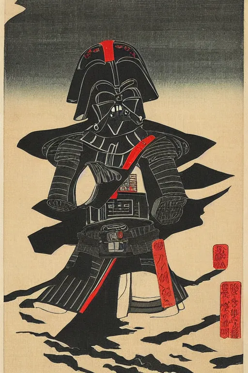 Prompt: Japanese woodblock print of Darth Vader as a samurai holding a samurai sword , Hokusai