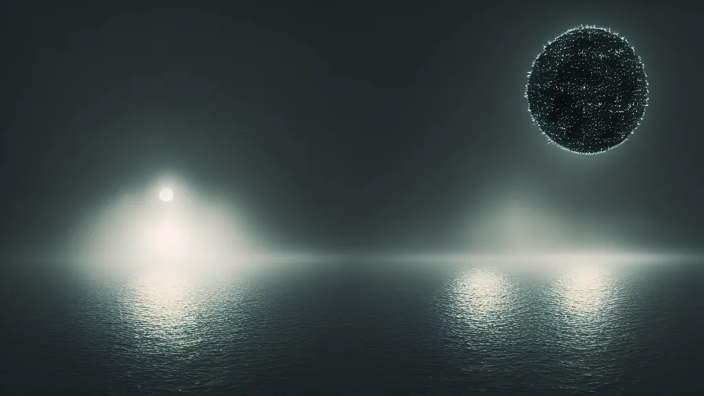 Image similar to there is a black sphere above the lake, glowing threads emanate from the black sphere, fog, volumetric lighting, mystique, atmospheric, sharp focus, ultra detailed, noir art house, 4 k, cinematic, 3 5 mm