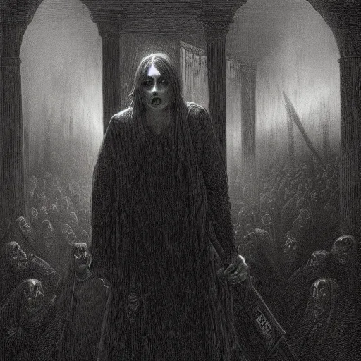 Prompt: dawn of the dead, creepy atmosphere, dark, portrait, realistic, very realistic, illustration by Gustave Doré