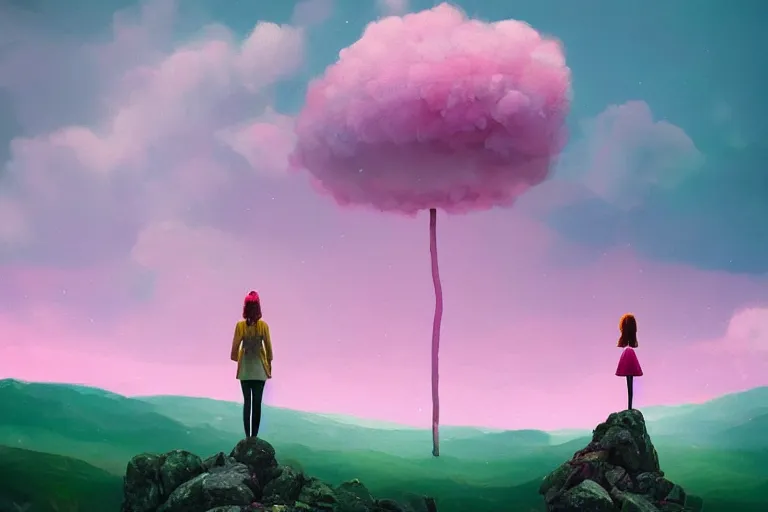 Image similar to giant pink flower as a head, girl standing on mountain, surreal photography, stars, dramatic light, impressionist painting, storm clouds, digital painting, artstation, simon stalenhag