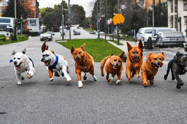 Image similar to dogs running down the street chasing the post office vehicle, wide shot, side viewpoint