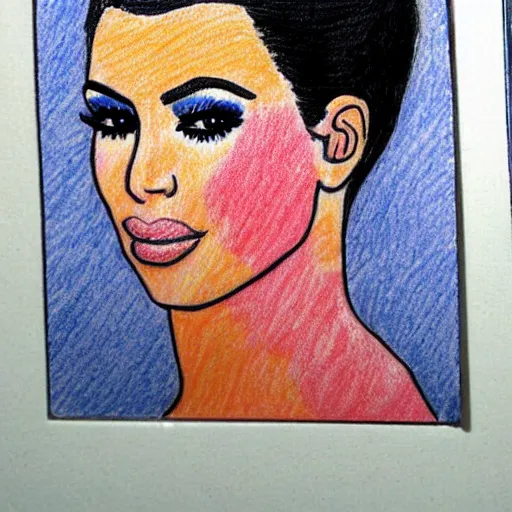 Image similar to Kim Kardashian, poorly drawn and colored in wax crayon by a five-year old