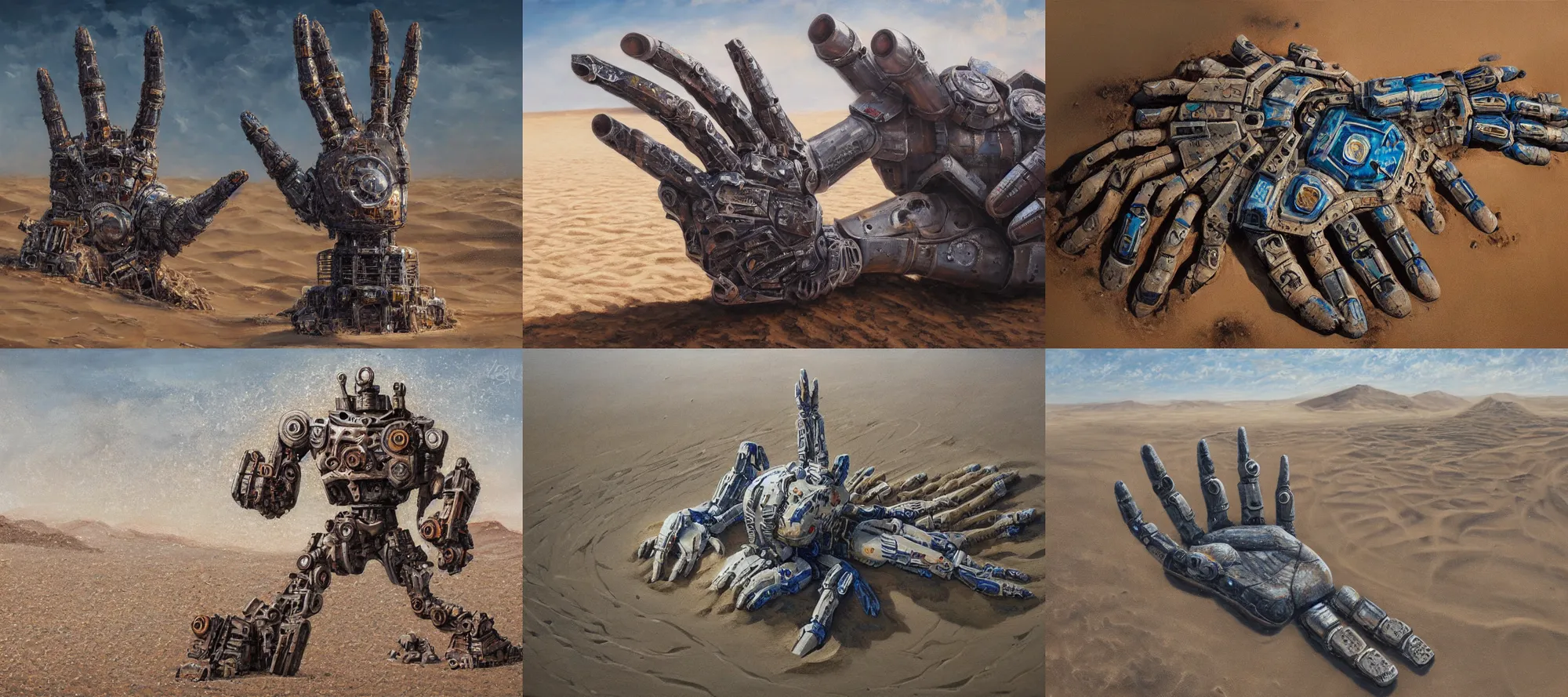 Prompt: a giant robot hand abandoned in the desert, covered in sand, metal robot hand and fingers poking up through sand, obscured, oil painting, sand swirling, trending on art station, detailed and intricate environment