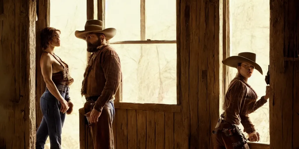 Prompt: in an old west cabin, close up shot of beautiful Mila Jovovich (alone) in the doorway and Dave Bautista cowboy standing ((alone)) at the window, arguing, in the style of Fredrick Remington, oil painting