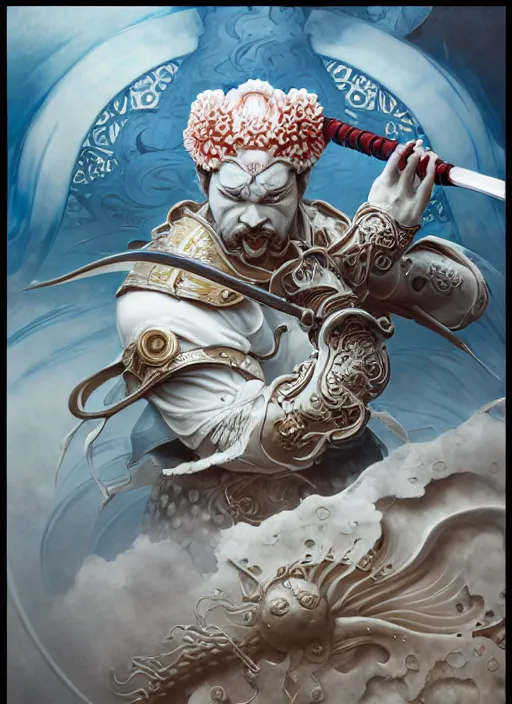 Image similar to subsurface scattering, white, koi, samurai deity with koi armor, art nouveau swirls, octane render, by jesper ejsing, james jean, justin gerard, tomasz alen kopera, cgsociety and fenghua zhong, highly detailed, rim light, cinematic lighting, art, very coherent, cinematic, hyper realism, high detail, 8 k