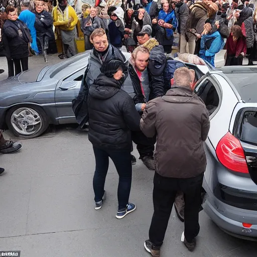 Image similar to car manipulator picks up one person from a queue of people looking for a store