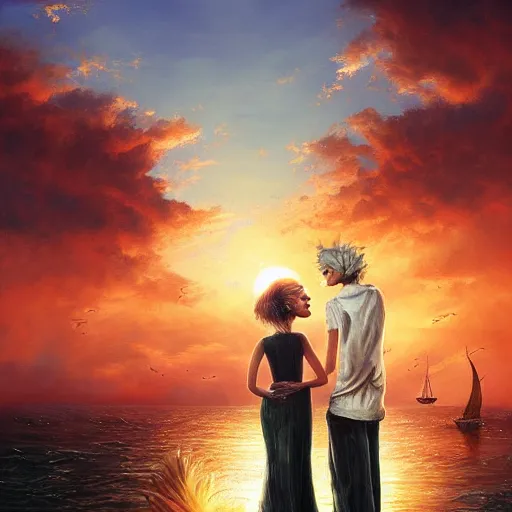 Image similar to couple of love watching sunset, by lise deharme,