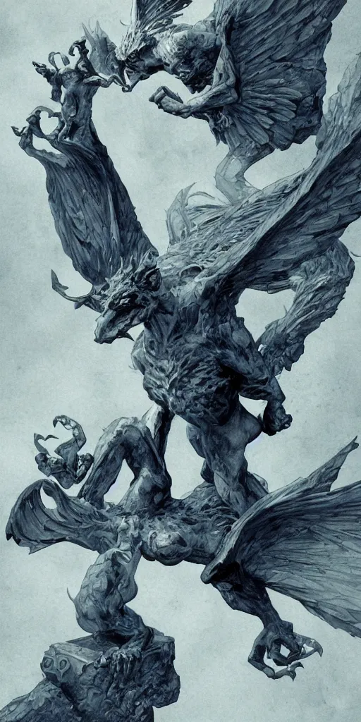 Image similar to highly detailed beautiful photography of flying gargoyle with human face, sharp focus, dynamic lighting, elegant, harmony, beauty, masterpiece, by riccardo federici, by james jean, by craig mullins, by lois van baarle, illustration, ink draw, pen, blue background