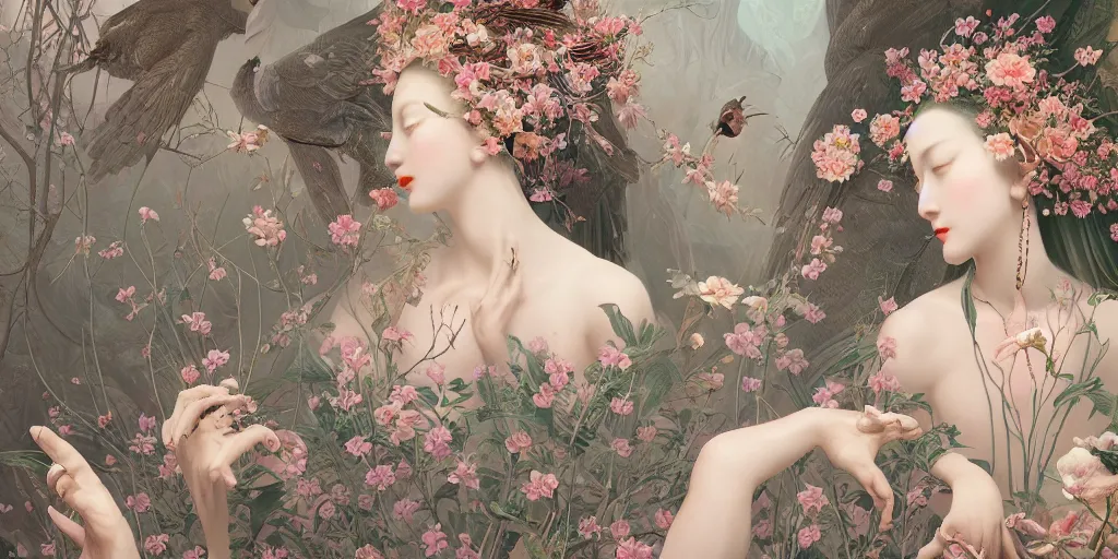 Image similar to breathtaking detailed concept art painting art deco pattern of blonde faces goddesses amalmation flowers with anxious piercing eyes and blend of flowers and birds, by hsiao - ron cheng and john james audubon, bizarre compositions, exquisite detail, extremely moody lighting, 8 k