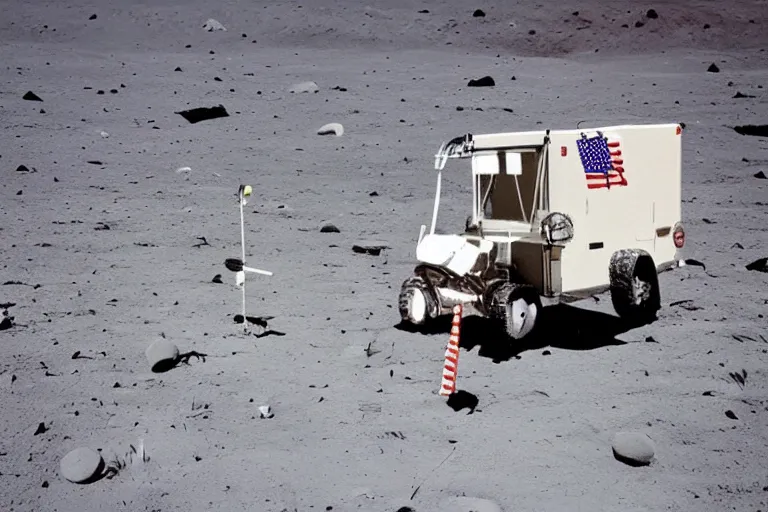 Prompt: ice cream truck on the moon, line of astronauts waiting