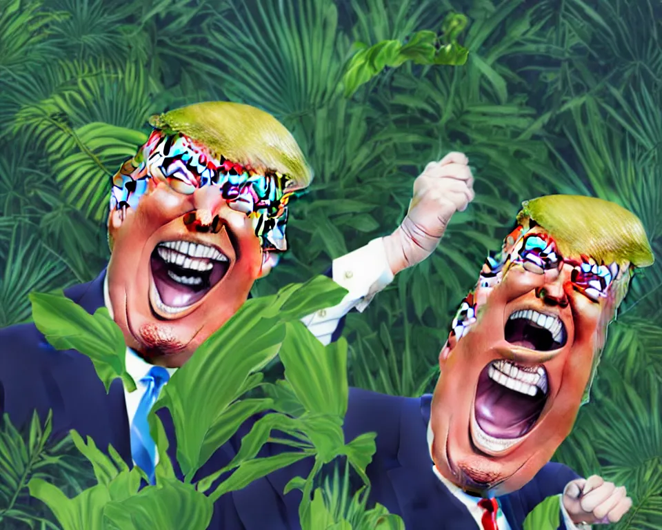 Image similar to trump laughing uncontrollably, romantic, enchanting, achingly beautiful, graphic print, trending on artstation, jungle, tropical, foliage.