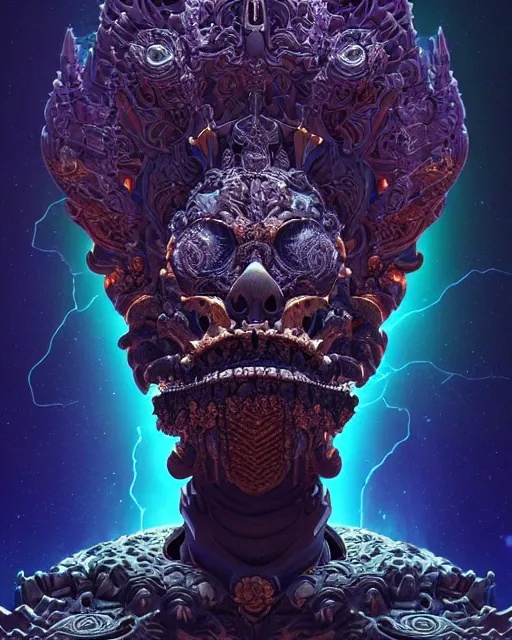 Image similar to 3 d ornate carved dark cosmic king with profile portrait, sigma 5 0 0 mm f / 5. beautiful intricate highly detailed quetzalcoatl skull. bioluminescent, plasma, lava, ice, water, wind, creature, thunderstorm! artwork by tooth wu and wlop and beeple and greg rutkowski, 8 k trending on artstation