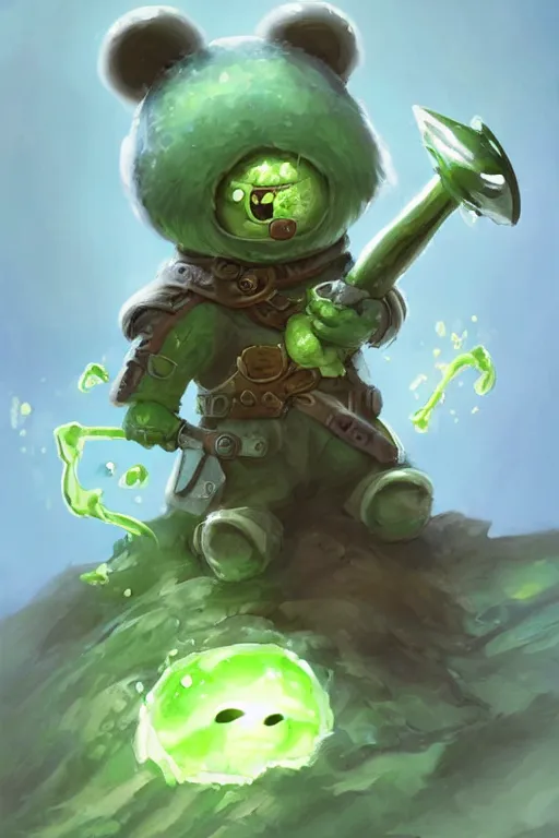 Prompt: cute anthropomorphic green slime jelly knight wearing a cape, tiny, small, miniature bear, baby slime , short, pale blue armor, cute and adorable, pretty, beautiful, DnD character art portrait, matte fantasy painting, DeviantArt Artstation, by Jason Felix by Steve Argyle by Tyler Jacobson by Peter Mohrbacher, cinematic lighting