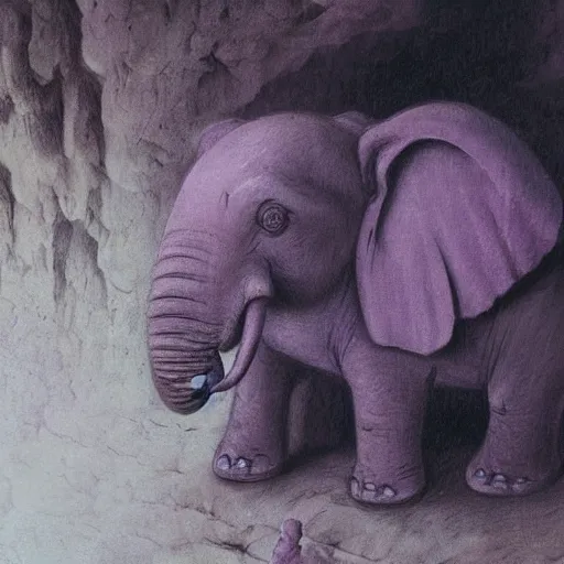 Prompt: purple elephant crying in a cave, tears from eyes, close up camera angle, raining, illustration, detailed, smooth, soft, cold, by Adolf Lachman, Shaun Tan, Surrealism