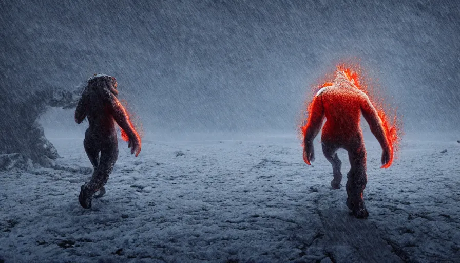 Image similar to Lava monster walking in the snow, hyperdetailed, artstation, cgsociety, 8k