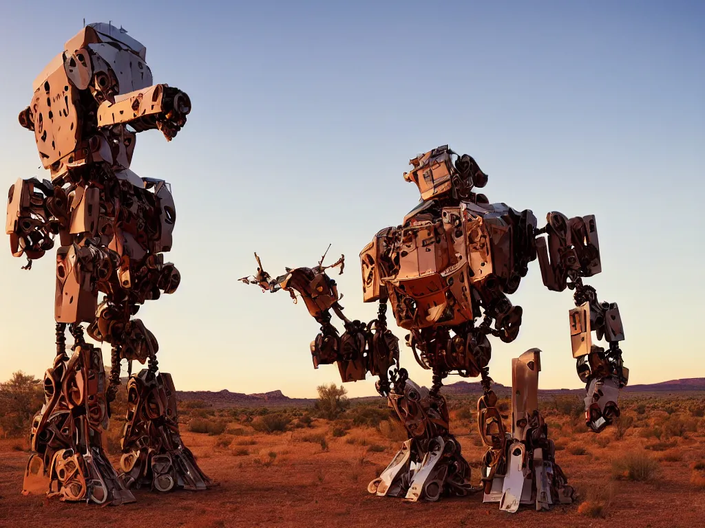 Prompt: in the American southwest at sunset, professional publicity photo of a futuristic giant humanoid mech robot with greebles, chipped paint weathered with rust