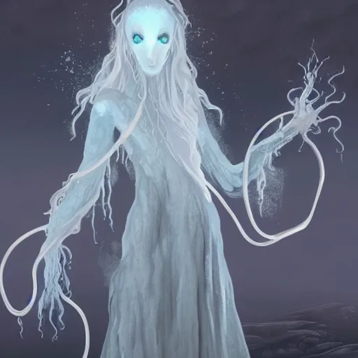 Image similar to concept designs for an ethereal ghostly wraith like figure with a squid like parasite latched onto its head and long tentacle arms that flow lazily but gracefully at its sides like a cloak while it floats around a frozen rocky tundra in the snow searching for lost souls and that hides amongst the shadows in the trees, this character has hydrokinesis and electrokinesis for the resident evil village video game franchise with inspiration from the franchise Bloodborne as a muppet from sesame street, photo realistic, photography, sesame street, bloodborne, resident evil