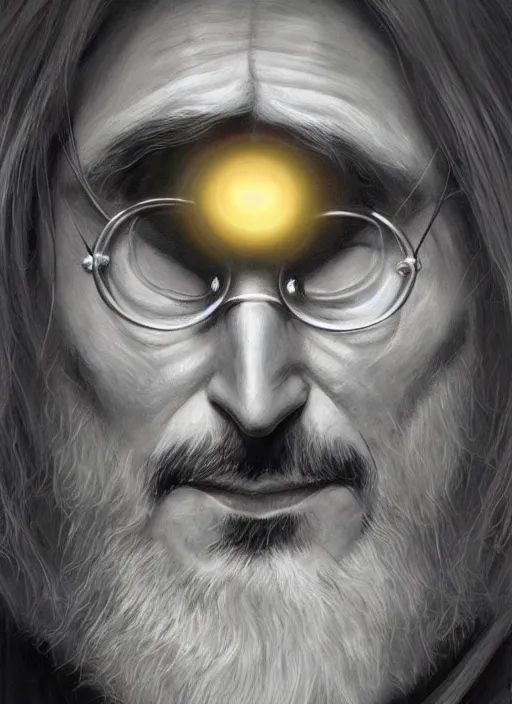 Image similar to portrait of steve jobs, white glowing eyes, silver shaggy hair, cloak, male, fantasy, extremely detailed, digital painting, artstation, concept art, sharp focus, illustration, stunning lighting, artgerm, alphonse mucha, simon stalenhag, light atmosphere, golden ratio, cinematic lighting, hyperdetailed, marc simonetti, greg rutkowski, 8 k