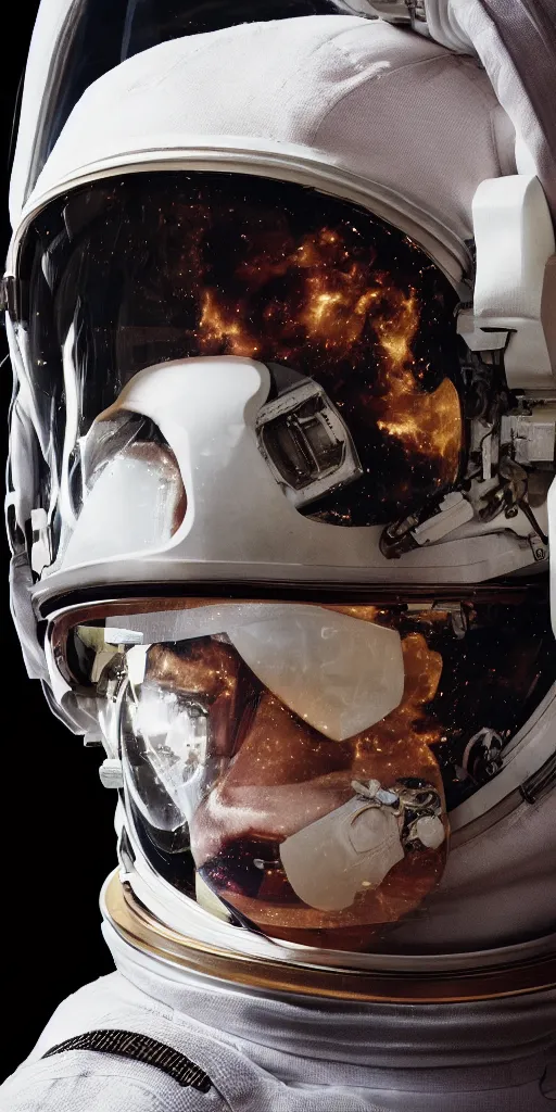 Image similar to closeup portrait photograph of an astronaut ghost, helmet, human head, portrait, hyper realistic, highly detailed, retrofuturism