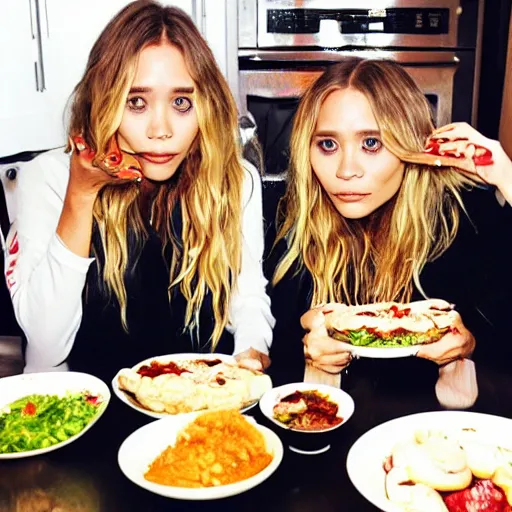 Image similar to mary kate and ashley olsen eating mukbang