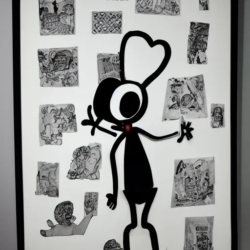 Prompt: a black and white photograph of a man made out of art supplies, in the style of gary baseman, robert crumb, photorealism, surreal, high contrast, soft lighting, film photography