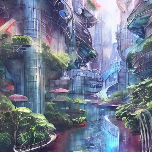 Image similar to Narrow cosy waterway in beautiful overgrown futuristic sci-fi city in harmony with nature. Nice colour scheme, soft warm colour. Beautiful detailed watercolor by Lurid. (2022)