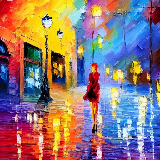 Prompt: impasto acrylic palette knife, impressionism and expressionism, strong emotional impact, bold colors, expressive brushstrokes, overall sense of movement in the composition. woman in a serene san francisco streetscape at night, trending on artstation