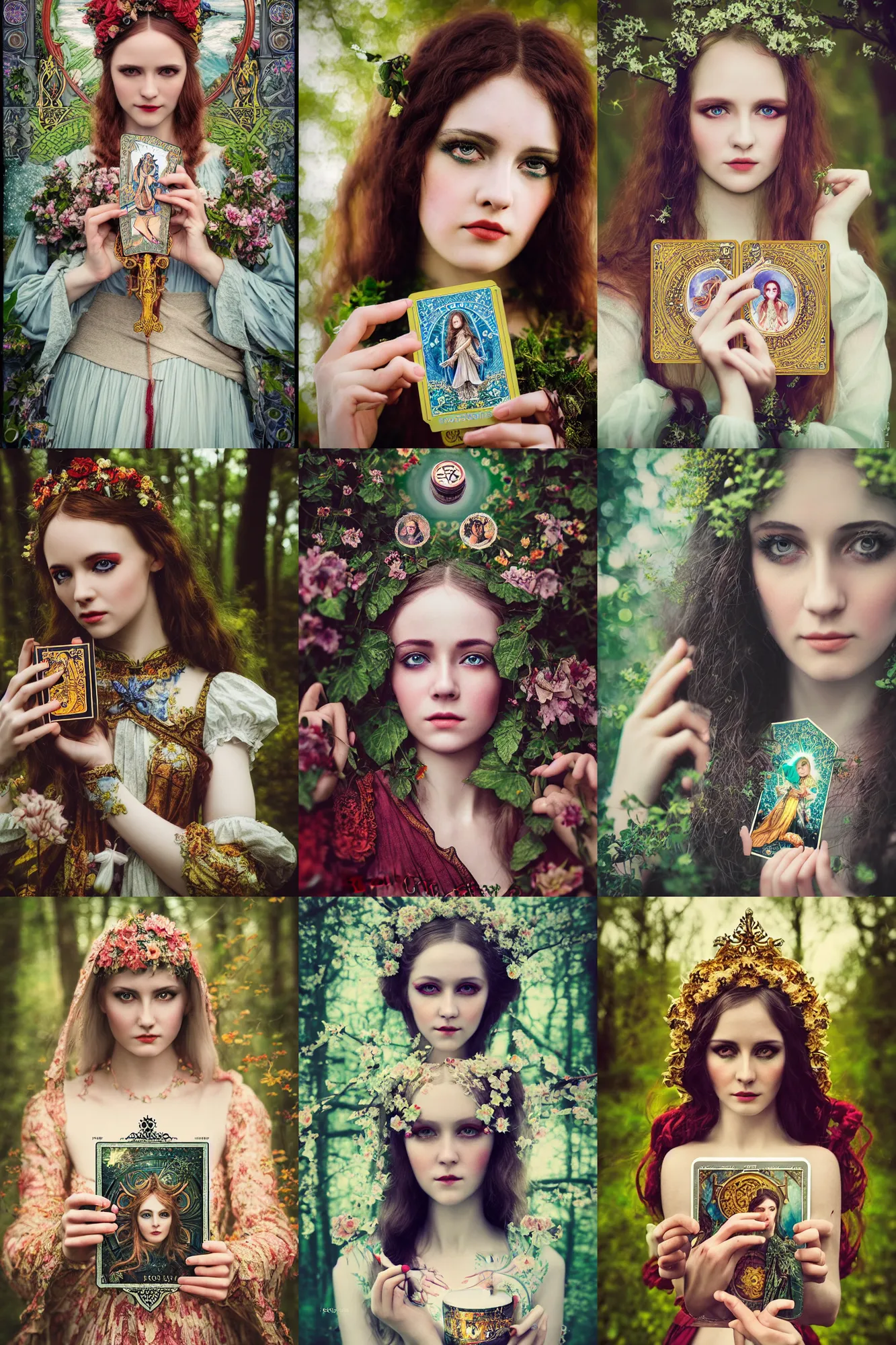 Prompt: Kodak Portra 400, 8K, highly detailed, major arcana art nouveau Agnieszka Lorek tarot style card 3/4 extreme closeup portrait card, eye contact, focus on model, tilt shift background: famous major arcana tarot remake, transformation scene