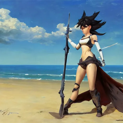 Image similar to greg manchess painting of tracer from overwatch as 2 b nier automata on the beach holding a sword, organic painting, sunny day, matte painting, bold shapes, detailed, detailed, face trending on artstation, artstationhd, artstationhq, hard edges, by huang guangjian and gil elvgren and sachin teng