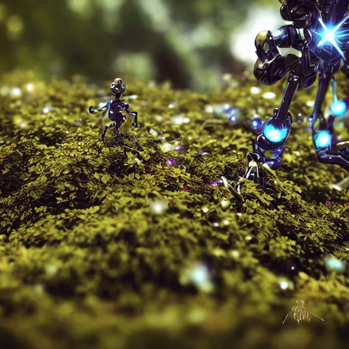 Image similar to overgrown foliage taking over a robot body on the ground, close - up, 3 5 mm, f 1. 8, bokeh, beautiful, lens flare, emotional, sweet, flowers, detailed, picture, trending on artstation, award - winning, shiny, golden