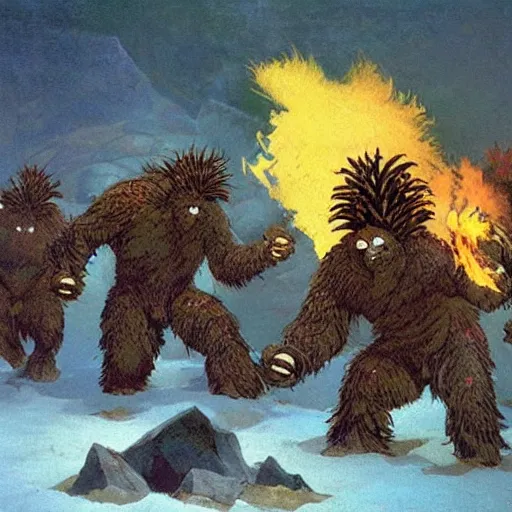 Prompt: Yetis throwing flaming pinecones on an underground glacier, Frank Frazetta