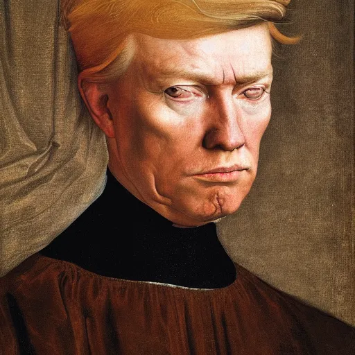 Image similar to a portrait of Donald Trump, facing front, by Rogier van der Weyden, oil painting, anatomically correct, beautiful perfect face, sharp focus, Highly Detailed, Cinematic Lighting, 8k, HD