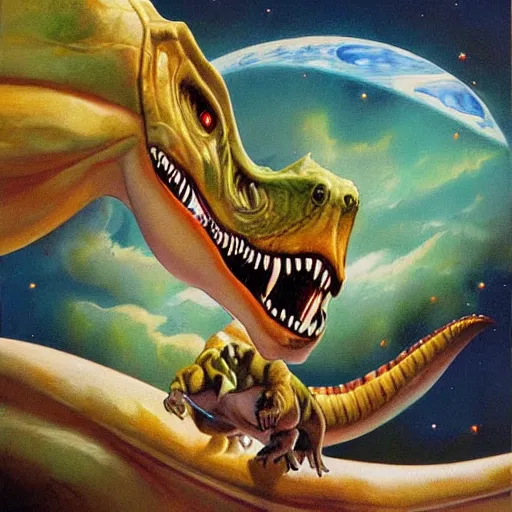 Prompt: dinosaur riding a spaceship painting by boris vallejo & julie bell