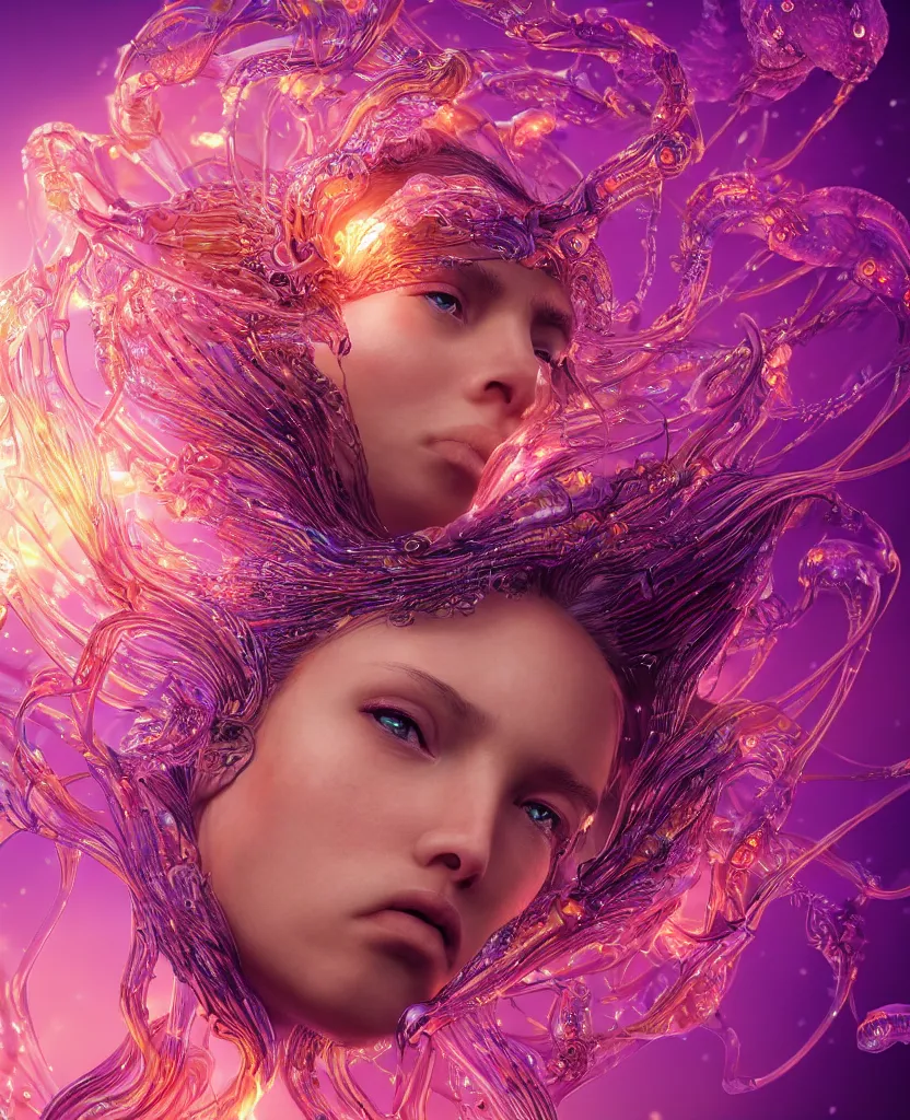 Image similar to close-up macro portrait of the face of a beautiful princess, epic angle and pose, symmetrical artwork, 3d with depth of field, blurred background, cybernetic jellyfish female face skull phoenix bird, translucent, nautilus, energy flows of water and fire. a highly detailed epic cinematic concept art CG render. made in Maya, Blender and Photoshop, octane render, excellent composition, cinematic dystopian brutalist atmosphere, dynamic dramatic cinematic lighting, aesthetic, very inspirational, arthouse. y Greg Rutkowski, Ilya Kuvshinov, WLOP, Stanley Artgerm Lau, Ruan Jia and Fenghua Zhong