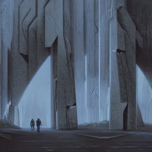 Image similar to future forest city attacked, trees, plant, broken buildings, doom of the gods, monster, gravity mess, star trek, glory war, photograph, by arthur haas and bruce pennington and john schoenherr, cinematic matte painting, zaha hadid building, photo realism, dark moody color palate, blue hour stars, desolate glacial landscape,