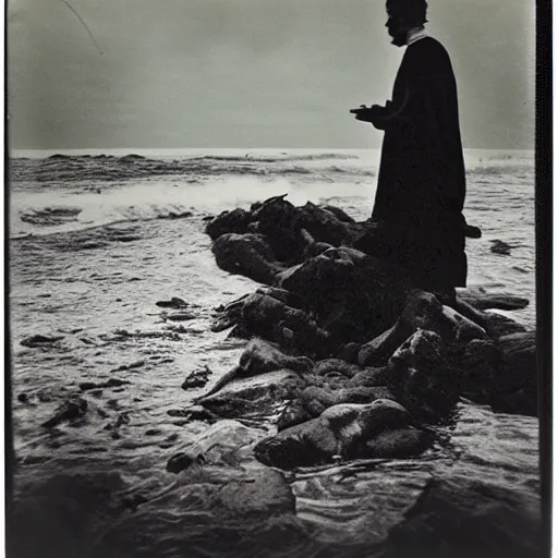 Image similar to Servant of Cthulhu on a sea shore, photography, polaroid