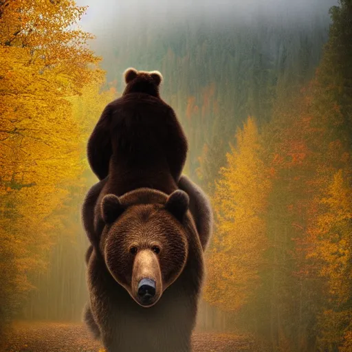 Image similar to a photo of bob ross riding on the back of brown bear in alaska at fall season, outdoor lighting, realistic, photo, national geographic photo, volumetric, fog