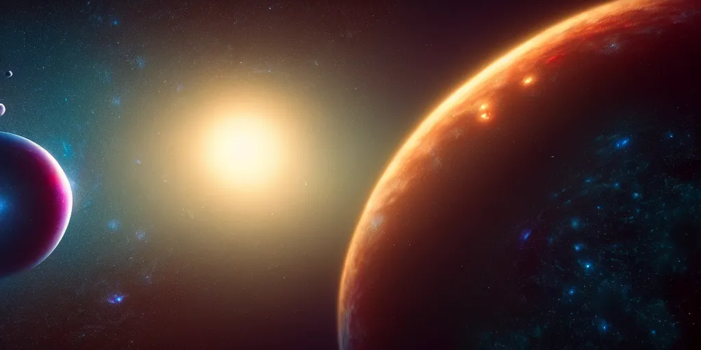 Prompt: wide angle render of a galaxy with flat surfaced planets, science fiction render highly detailed and intricate, 8 k octane render, 4 k unreal engine, chromatic aberration, trending on artstation. chiaroscuro lighting, high contrast lighting, by paul chadeisson and sparth