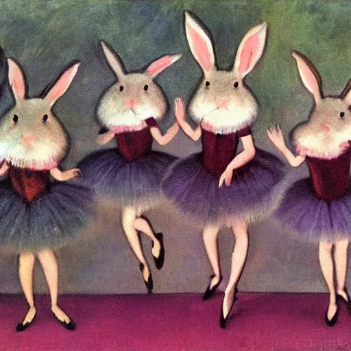 Prompt: rabbits dancing ballet on stage in the style of degas