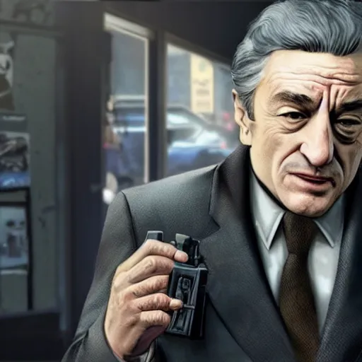 Image similar to robert deniro as a gta5 character, video game art, cover art, grand theft auto