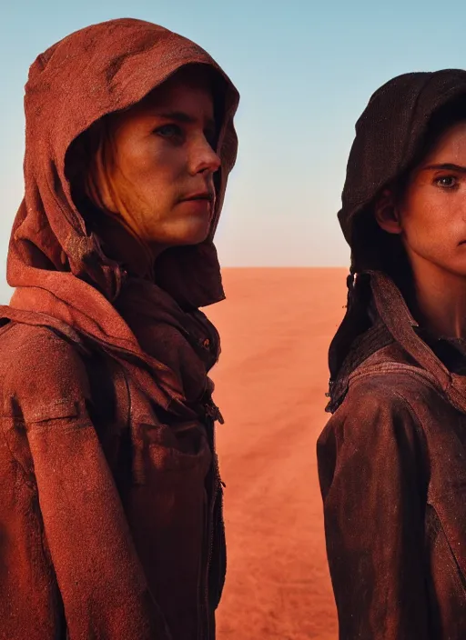 Image similar to cinestill 5 0 d photographic portrait by steve mccurry of two loving female androids wearing rugged black techwear on a desolate plain with a red sky in front of a brutalist structure, extreme closeup, cyberpunk style, dust storm, 8 k, hd, high resolution, 3 5 mm, f / 3 2, ultra realistic faces, ex machina